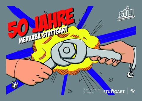 Einstein-ähnliche Explosion mit Hammer, 50 Jahre Merhaba Stuttgart, Stadtmuseum Stuttgart.