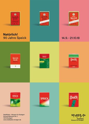 Natürlich! 90 Jahre Speick, farbenfrohes Bild mit verschiedenen Speick-Produkten, Text und Datum.