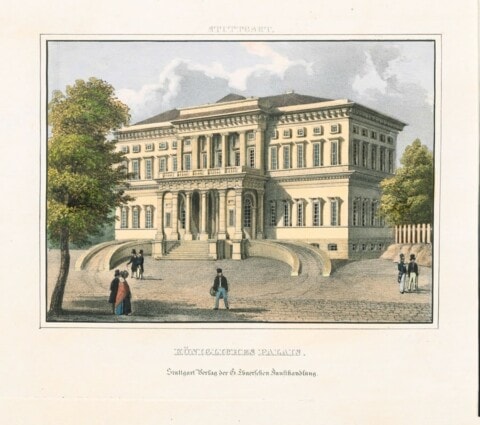 Kunsthistorische Illustration des StadtPalais in Stuttgart, historisches Gebäude.