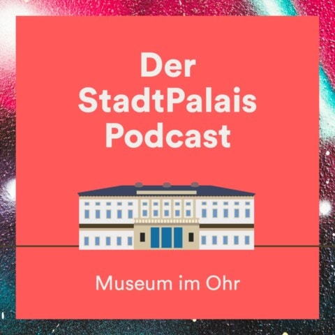 Das StadtPalais Stuttgart Podcast-Logo mit Museum im Ohr, modern gestaltet.