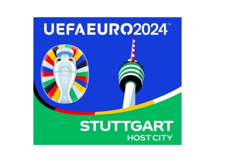 UEFA EURO 2024 Logo mit Stuttgart-Hoststadt, Fußball und Fernsehturm.