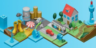 Ein farbenfrohes, isometrisches Stadtmodell mit Gebäuden, Verkehr und Natur.