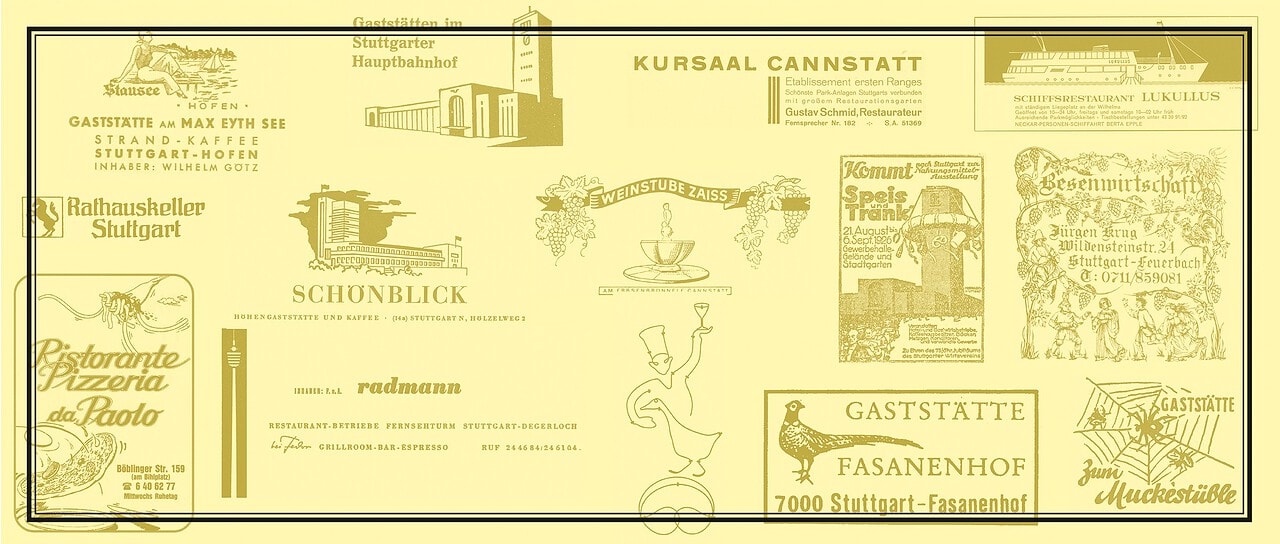 Historische Ansicht des StadtPalais Stuttgart mit Werbeanzeigen und Gebäuden.